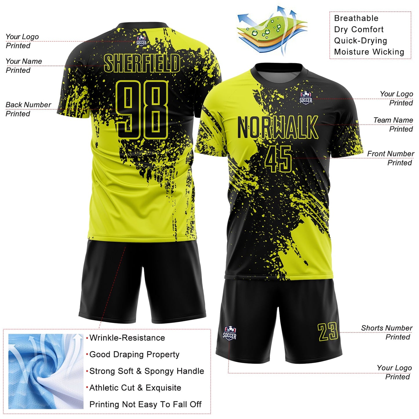 Custom Black Neon Yellow Abstract Brush Stroke Sports Sublimation Soccer Uniform Jersey view 4