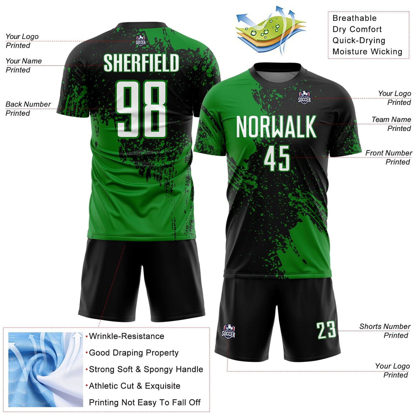 Custom Black White-Grass Green Abstract Brush Stroke Sports Sublimation Soccer Uniform Jersey view 4