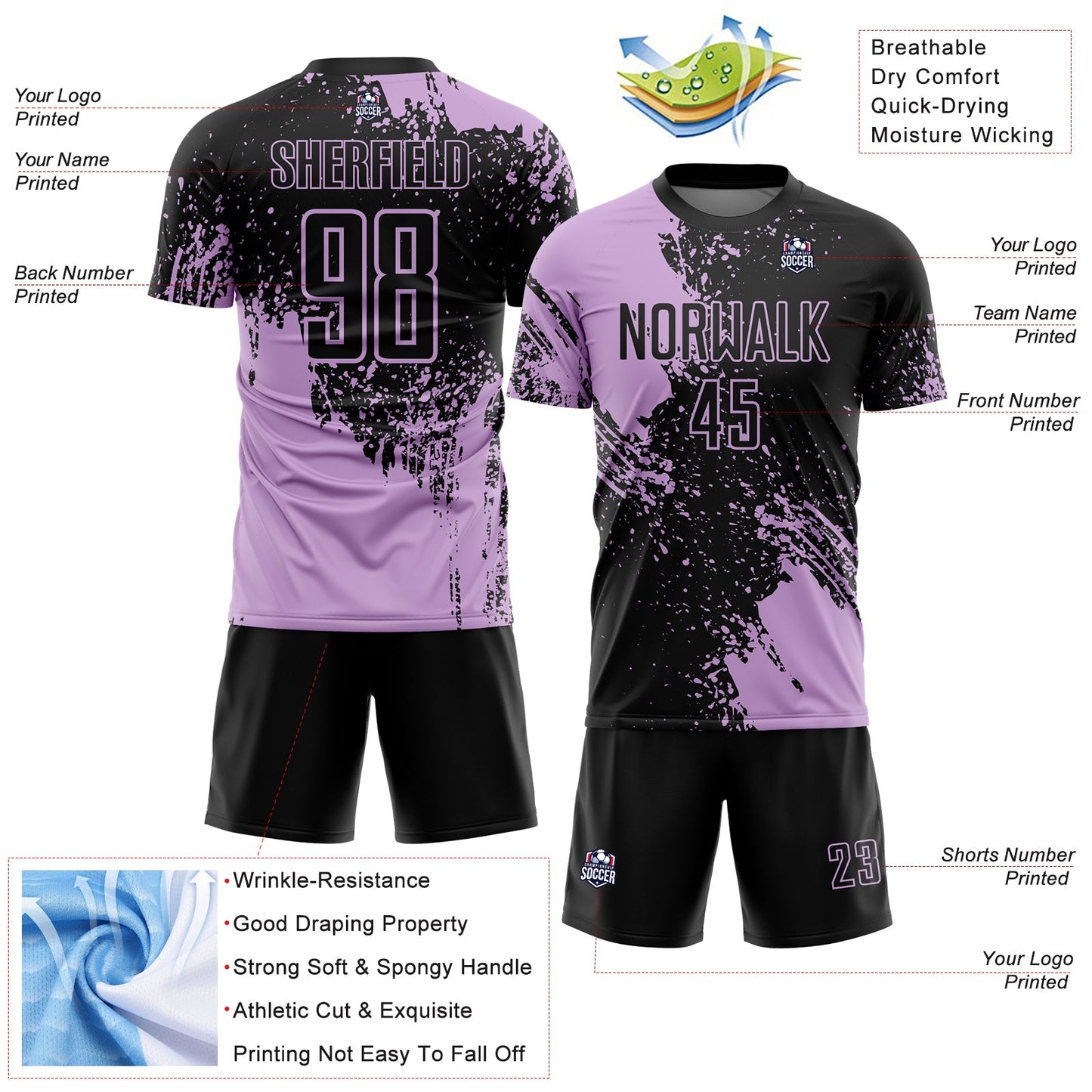 Custom Black Light Purple Abstract Brush Stroke Sports Sublimation Soccer Uniform Jersey view 4