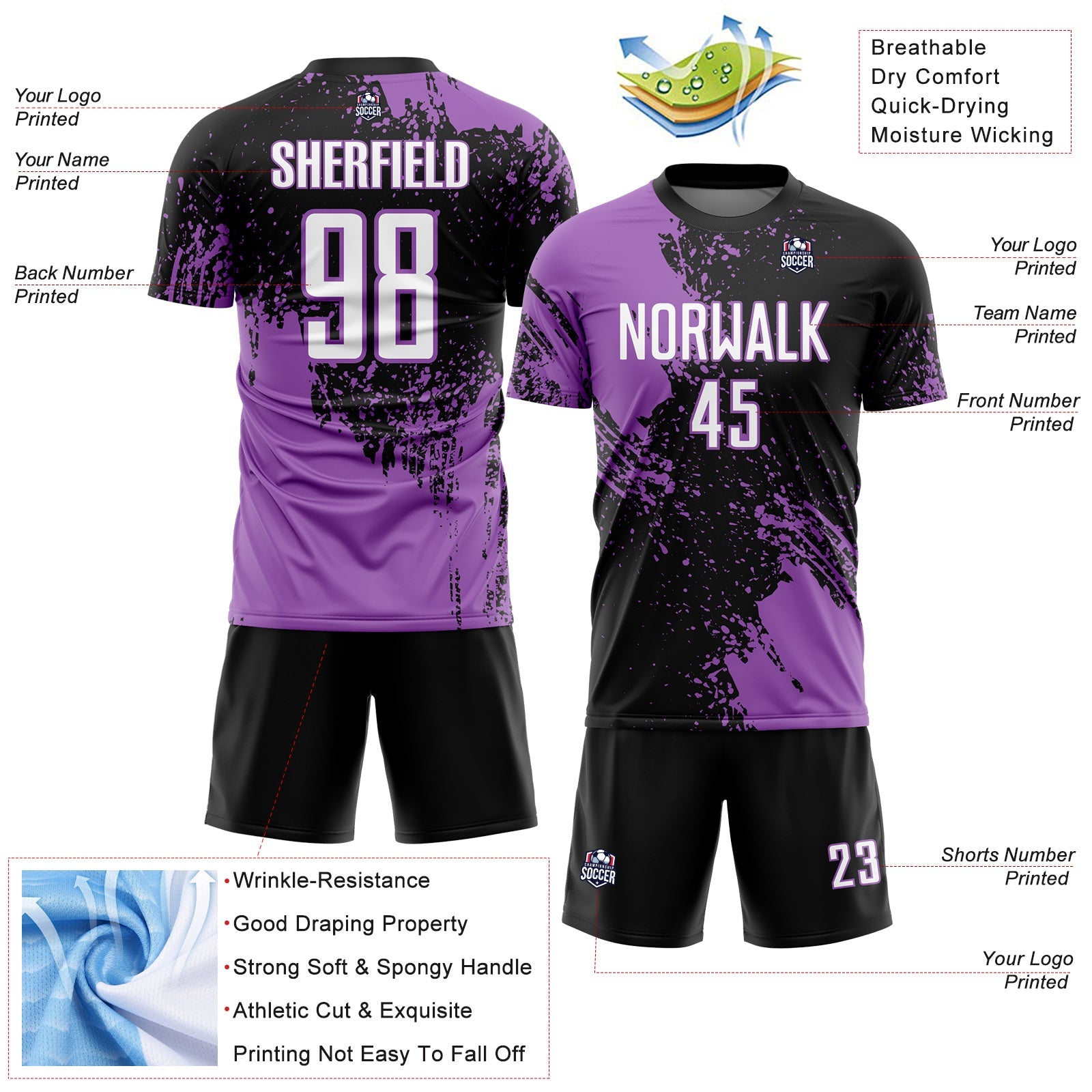 Custom Black White-Medium Purple Abstract Brush Stroke Sports Sublimation Soccer Uniform Jersey view 4