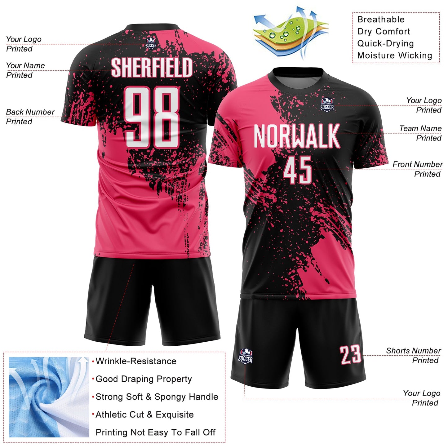 Custom Black White-Neon Pink Abstract Brush Stroke Sports Sublimation Soccer Uniform Jersey view 4