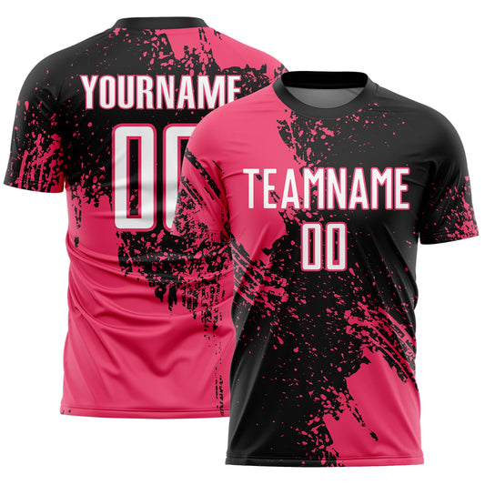 Custom Black White-Neon Pink Abstract Brush Stroke Sports Sublimation Soccer Uniform Jersey - Main View