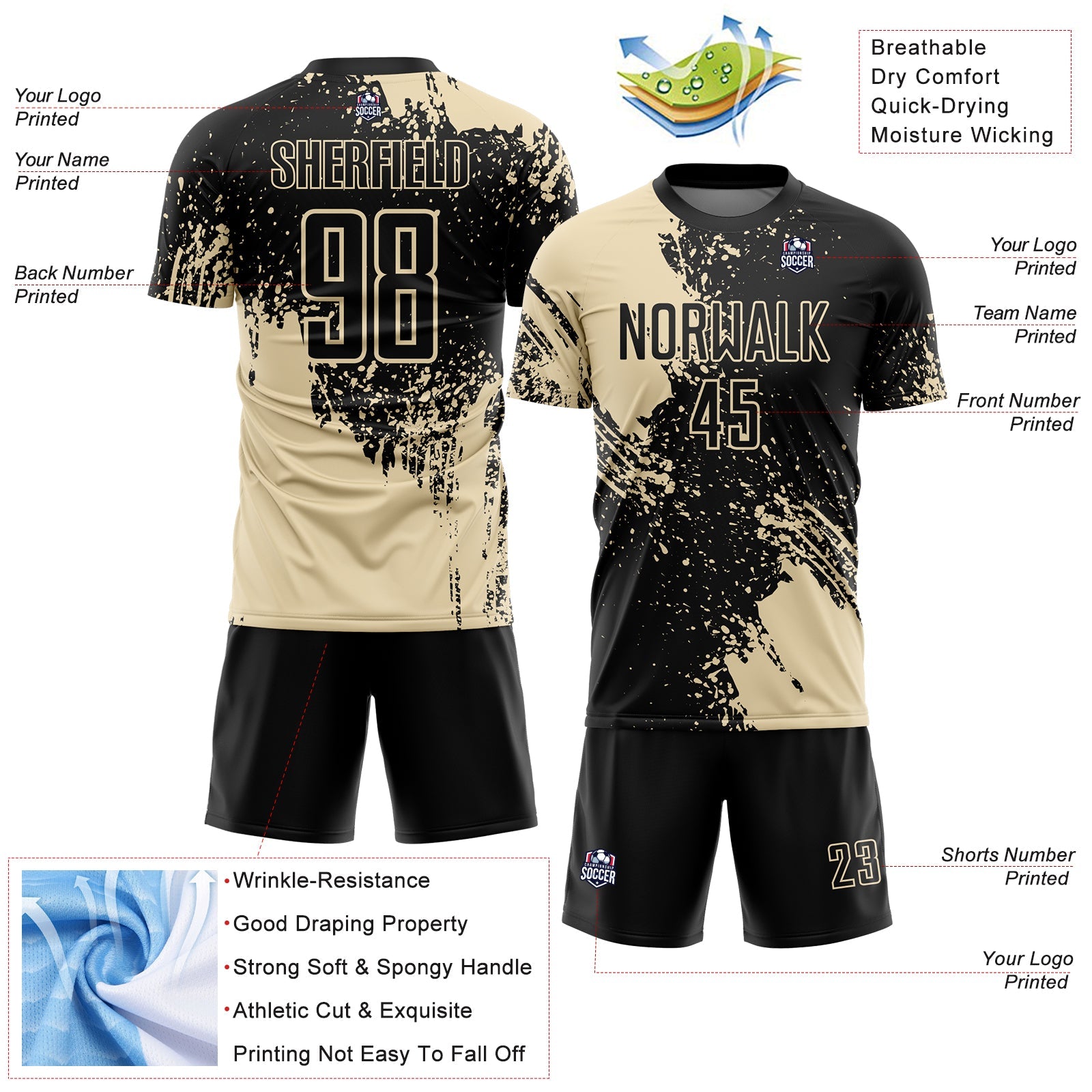 Custom Black Cream Abstract Brush Stroke Sports Sublimation Soccer Uniform Jersey view 4