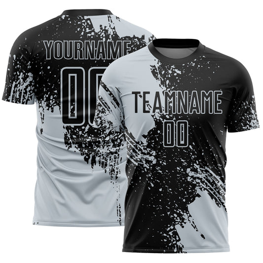 Custom Black Silver Abstract Brush Stroke Sports Sublimation Soccer Uniform Jersey - Main View