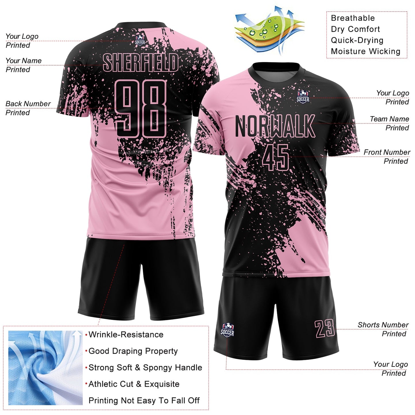 Custom Black Light Pink Abstract Brush Stroke Sports Sublimation Soccer Uniform Jersey view 4