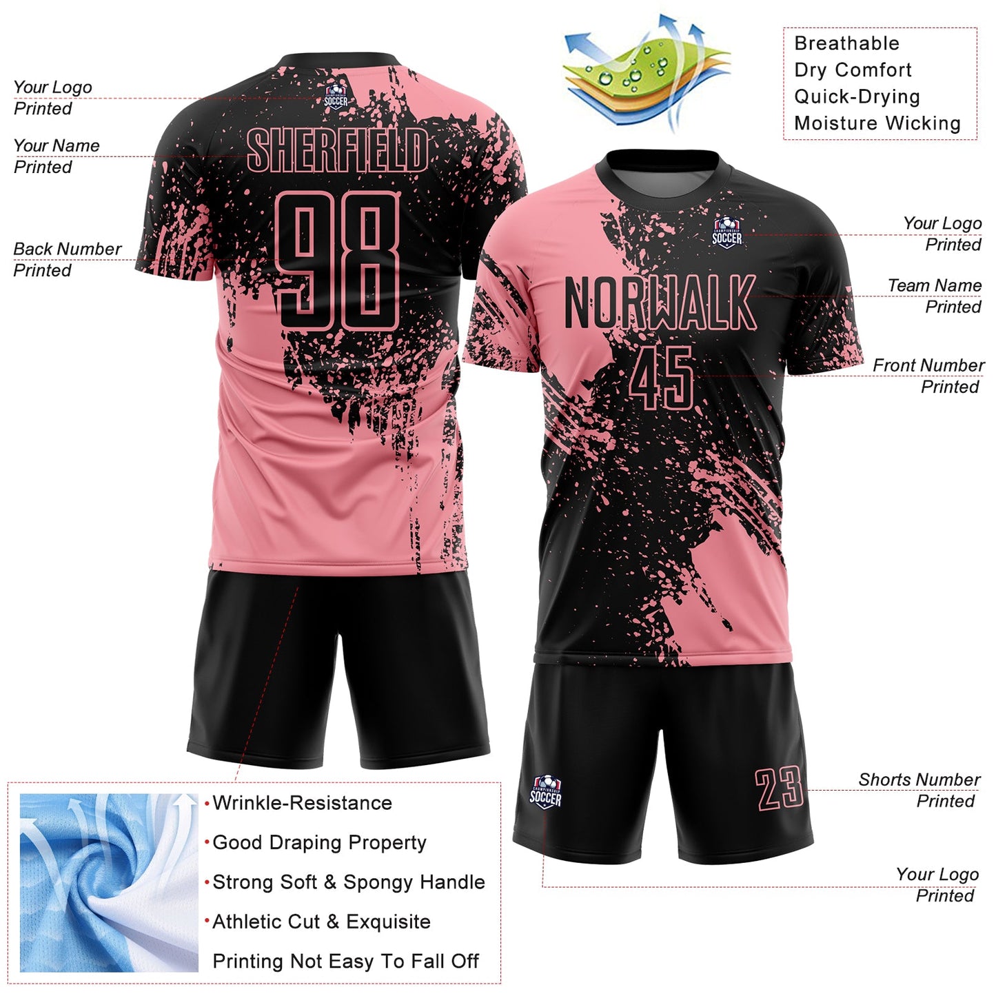 Custom Black Medium Pink Abstract Brush Stroke Sports Sublimation Soccer Uniform Jersey view 4