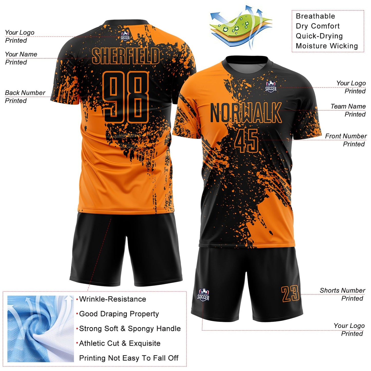 Custom Black Bay Orange Abstract Brush Stroke Sports Sublimation Soccer Uniform Jersey view 4