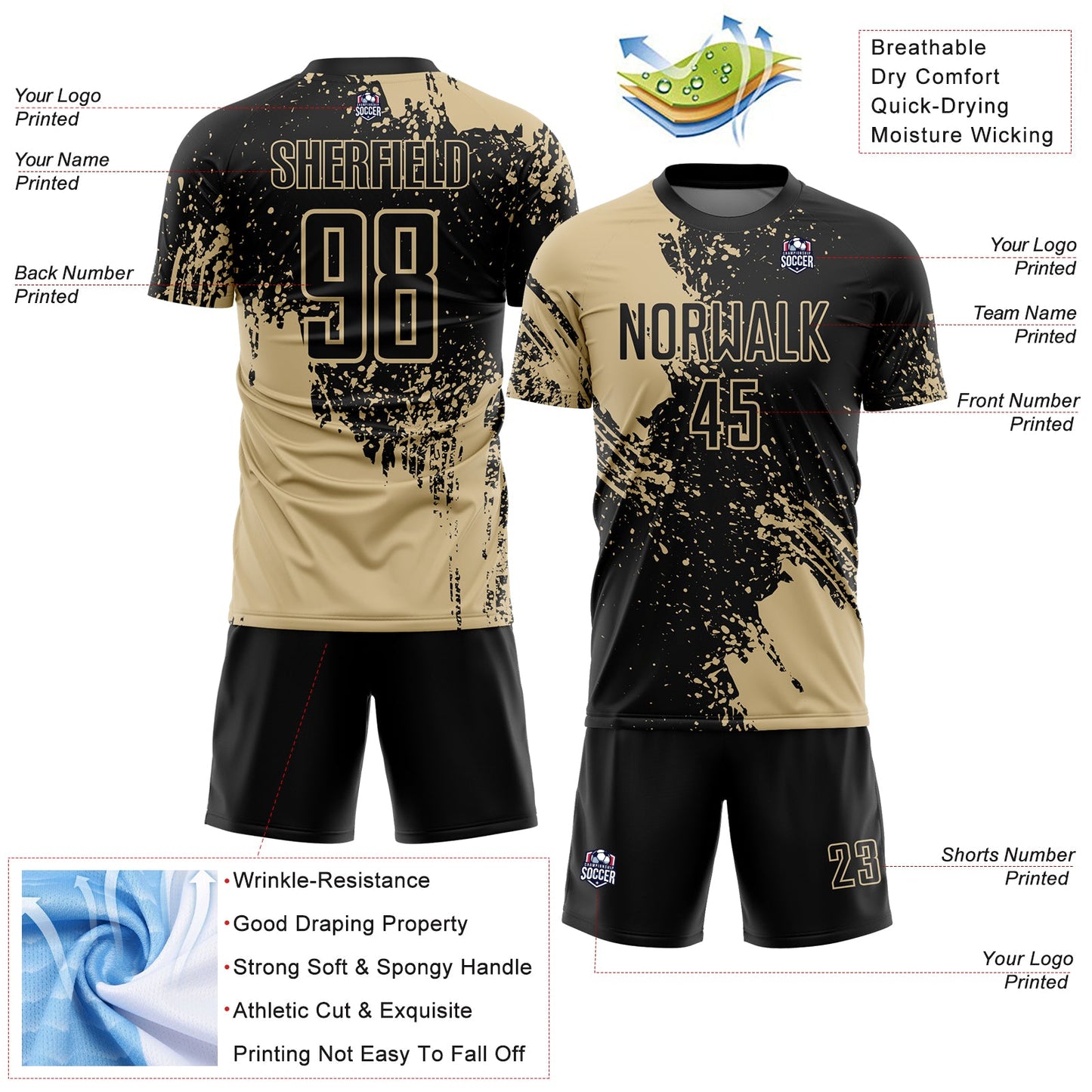 Custom Black Vegas Gold Abstract Brush Stroke Sports Sublimation Soccer Uniform Jersey view 4