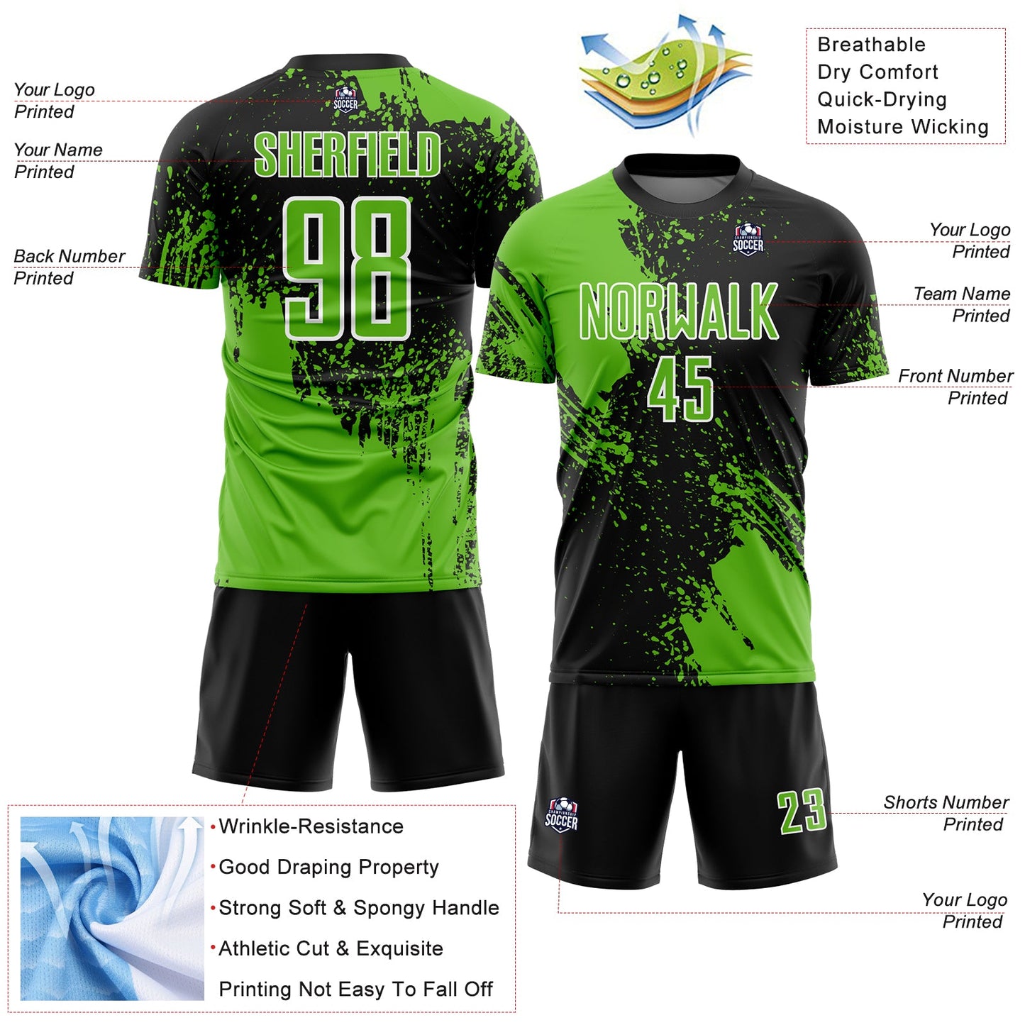 Custom Black Aurora Green-White Abstract Brush Stroke Sports Sublimation Soccer Uniform Jersey view 4