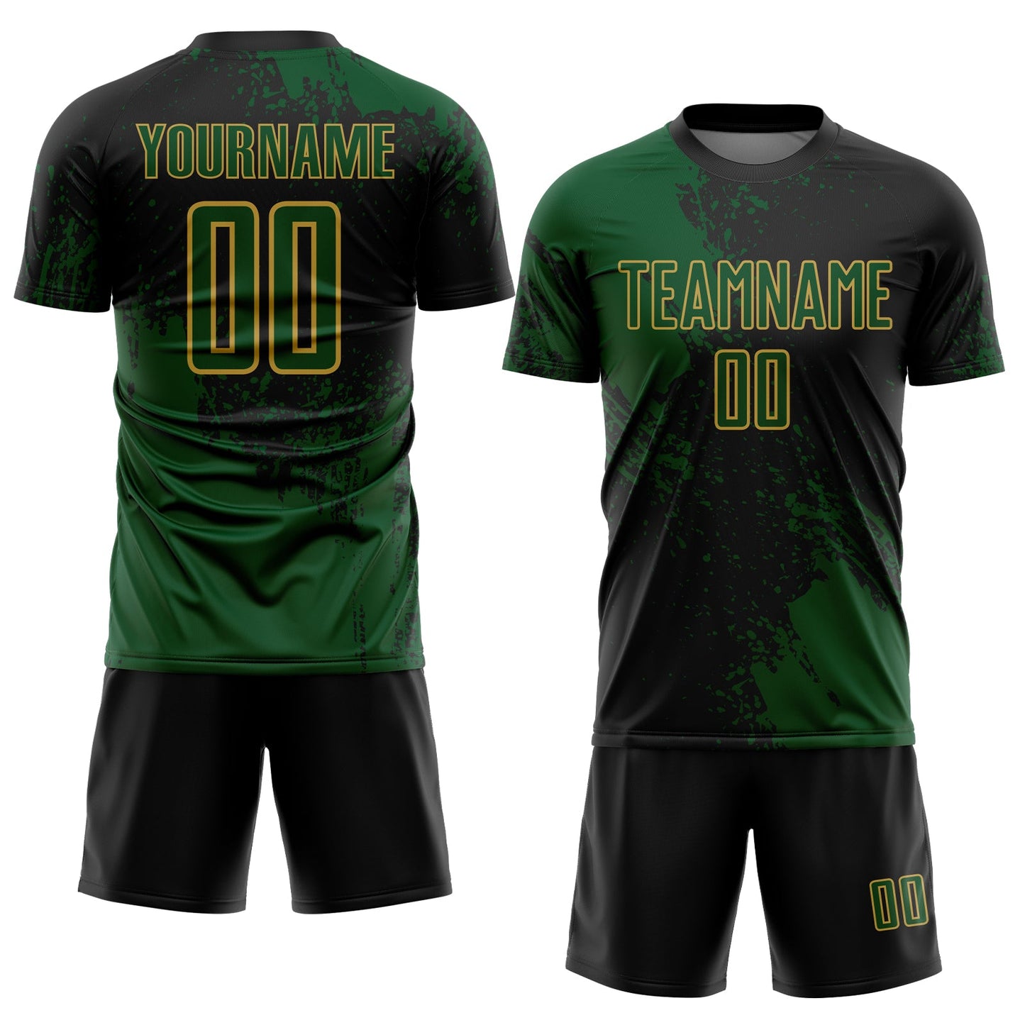 Custom Black Green-Old Gold Abstract Brush Stroke Sports Sublimation Soccer Uniform Jersey view 2