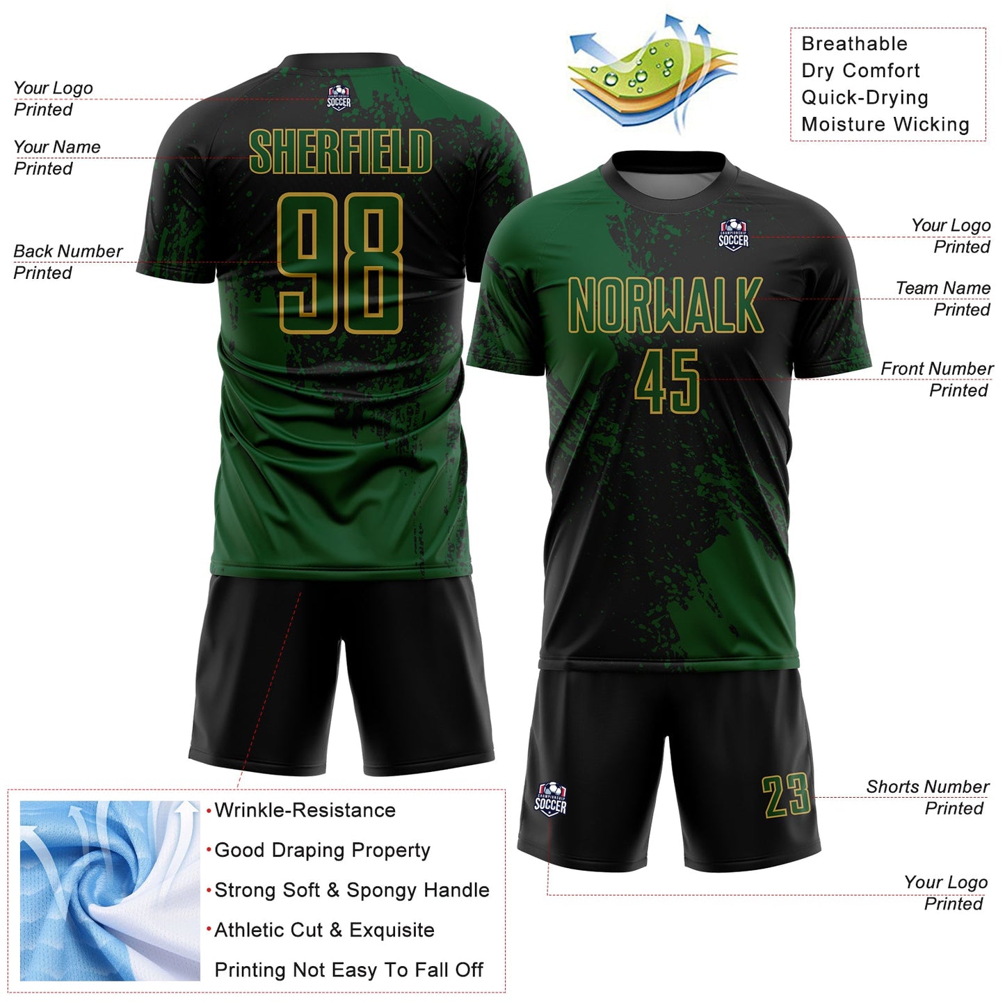 Custom Black Green-Old Gold Abstract Brush Stroke Sports Sublimation Soccer Uniform Jersey view 4