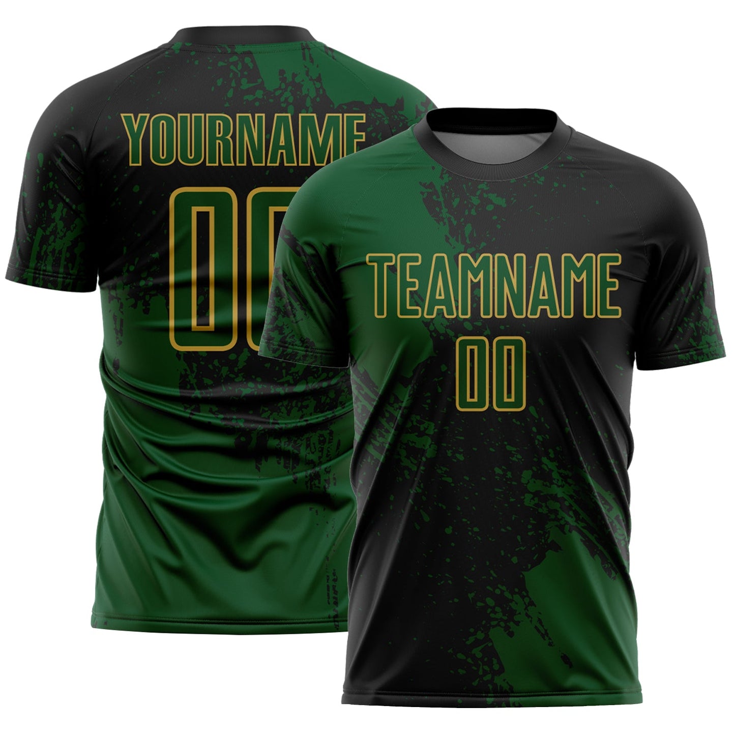 Custom Black Green-Old Gold Abstract Brush Stroke Sports Sublimation Soccer Uniform Jersey - Main View
