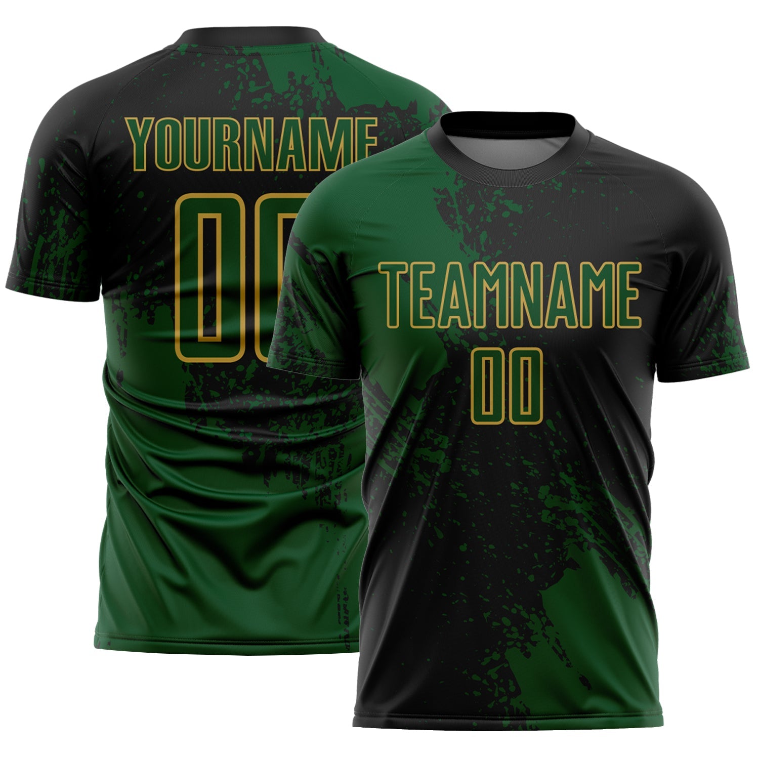 Custom Black Green-Old Gold Abstract Brush Stroke Sports Sublimation Soccer Uniform Jersey - Main View