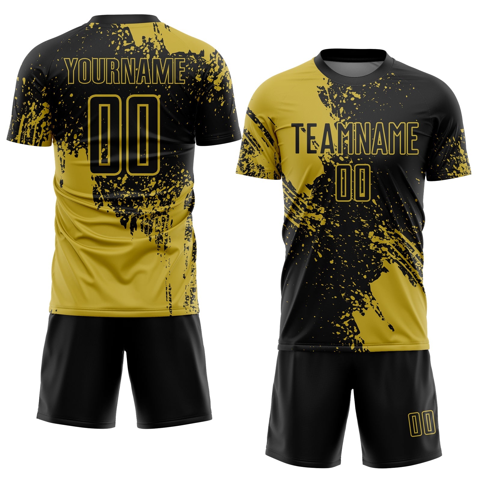 Custom Black Old Gold Abstract Brush Stroke Sports Sublimation Soccer Uniform Jersey view 2
