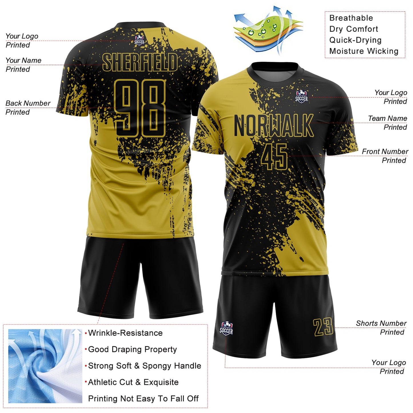 Custom Black Old Gold Abstract Brush Stroke Sports Sublimation Soccer Uniform Jersey view 4