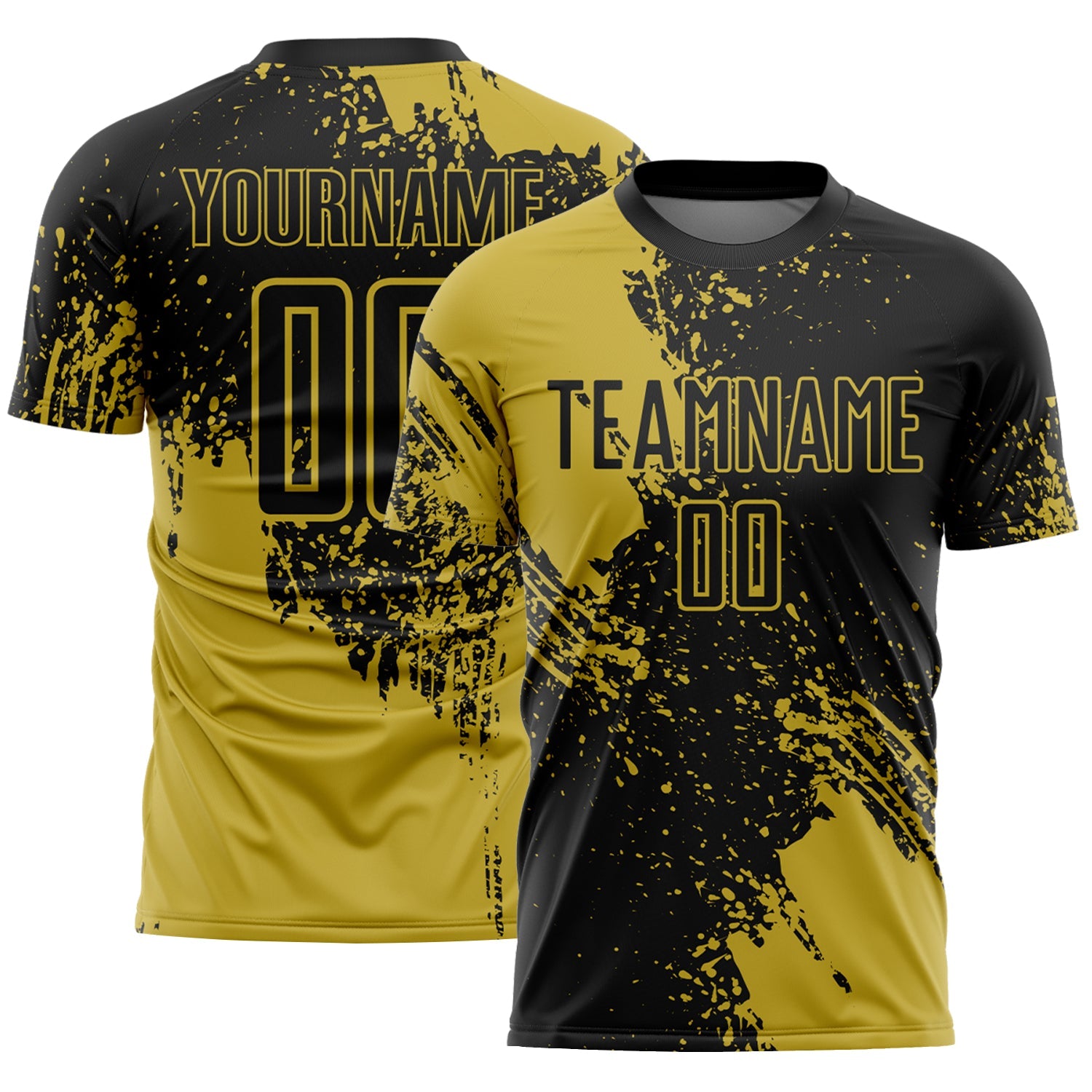 Custom Black Old Gold Abstract Brush Stroke Sports Sublimation Soccer Uniform Jersey - Main View