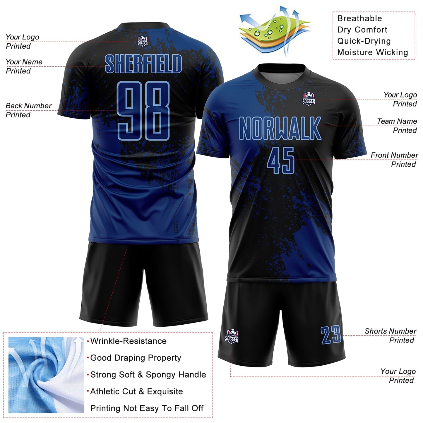 Custom Black US Navy Blue-Light Blue Abstract Brush Stroke Sports Sublimation Soccer Uniform Jersey view 4
