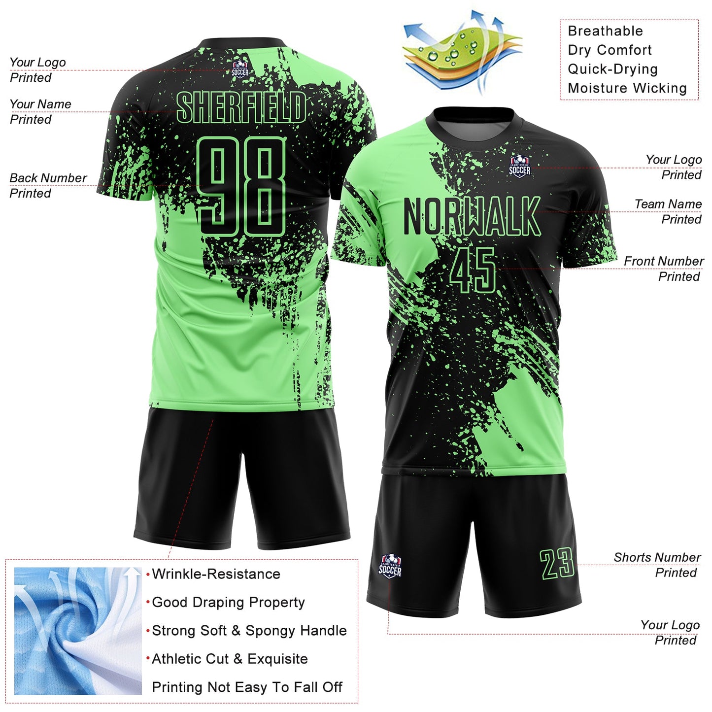 Custom Black Pea Green Abstract Brush Stroke Sports Sublimation Soccer Uniform Jersey view 4