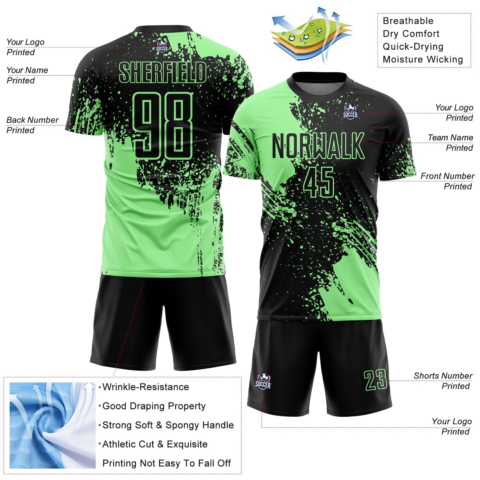 Custom Black Pea Green Abstract Brush Stroke Sports Sublimation Soccer Uniform Jersey view 4