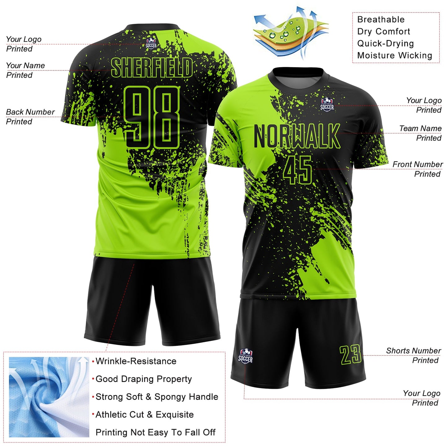 Custom Black Neon Green Abstract Brush Stroke Sports Sublimation Soccer Uniform Jersey view 4