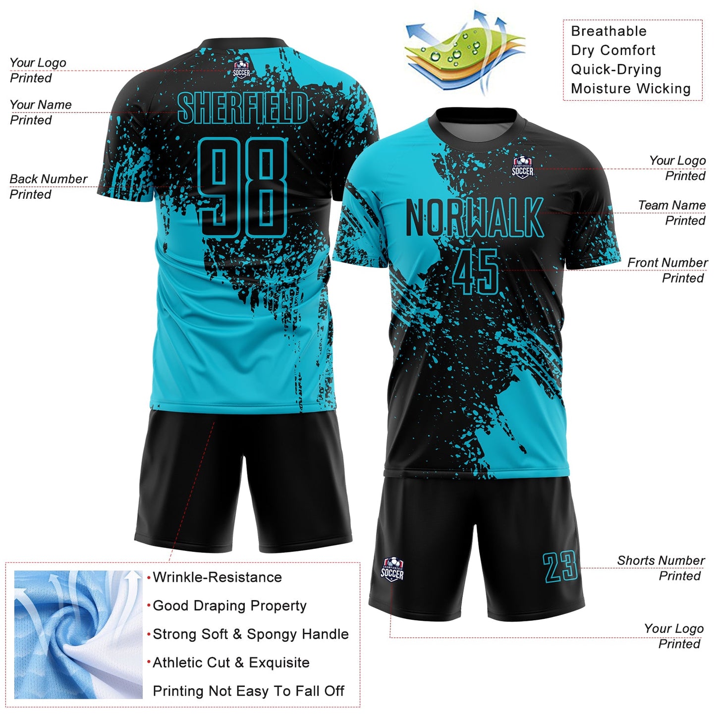Custom Black Lakes Blue Abstract Brush Stroke Sports Sublimation Soccer Uniform Jersey view 4