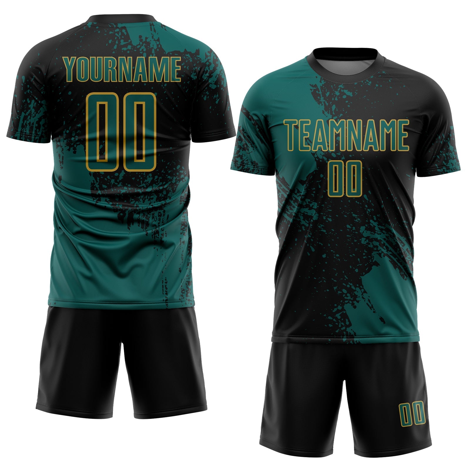 Custom Black Midnight Green-Old Gold Abstract Brush Stroke Sports Sublimation Soccer Uniform Jersey view 2