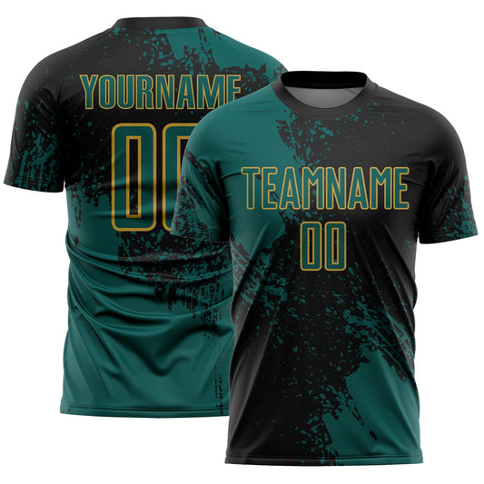 Custom Black Midnight Green-Old Gold Abstract Brush Stroke Sports Sublimation Soccer Uniform Jersey - Main View