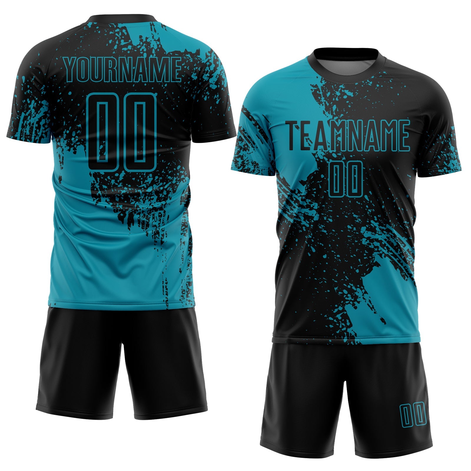 Custom Black Teal Abstract Brush Stroke Sports Sublimation Soccer Uniform Jersey view 2