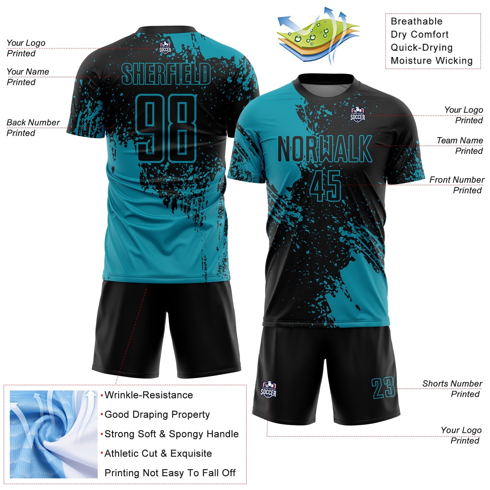 Custom Black Teal Abstract Brush Stroke Sports Sublimation Soccer Uniform Jersey view 4