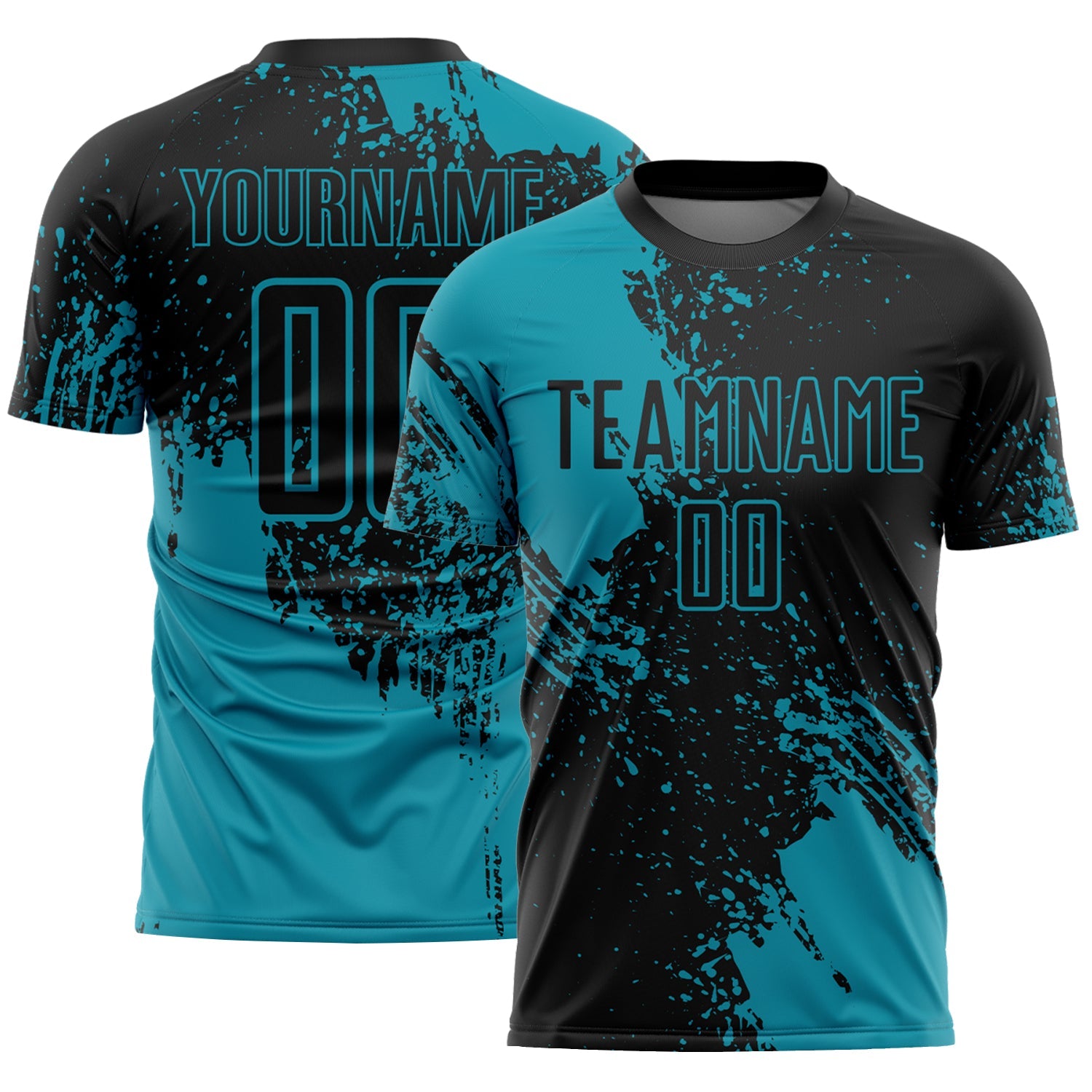 Custom Black Teal Abstract Brush Stroke Sports Sublimation Soccer Uniform Jersey - Main View