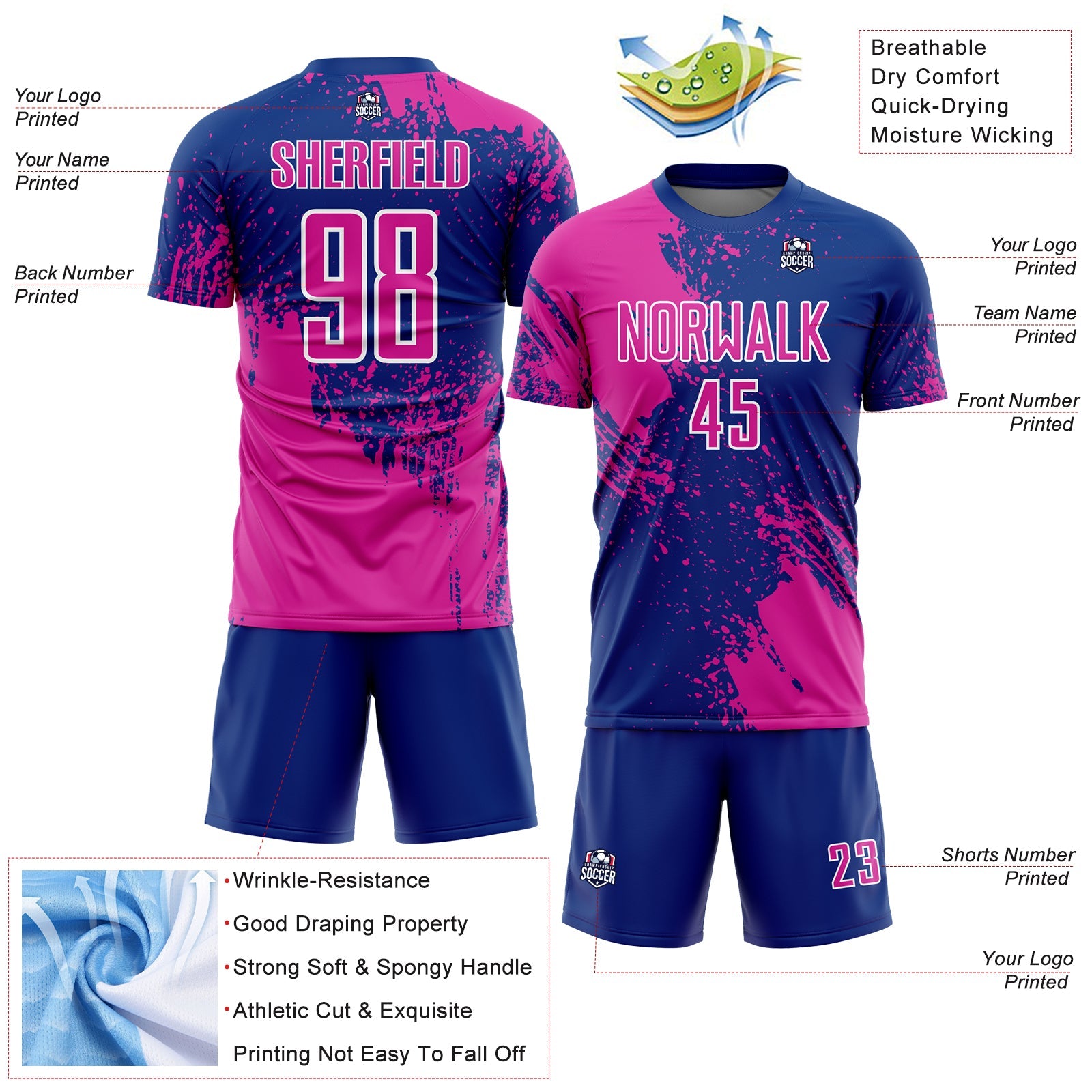 Custom Royal Deep Pink-White Abstract Brush Stroke Sports Sublimation Soccer Uniform Jersey view 4