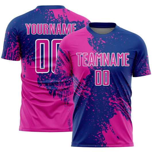 Custom Royal Deep Pink-White Abstract Brush Stroke Sports Sublimation Soccer Uniform Jersey - Main View