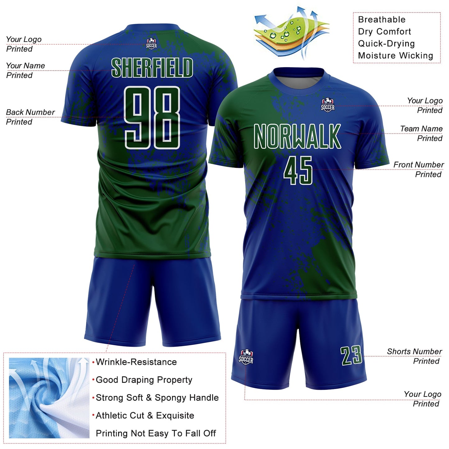 Custom Royal Green-White Abstract Brush Stroke Sports Sublimation Soccer Uniform Jersey view 4