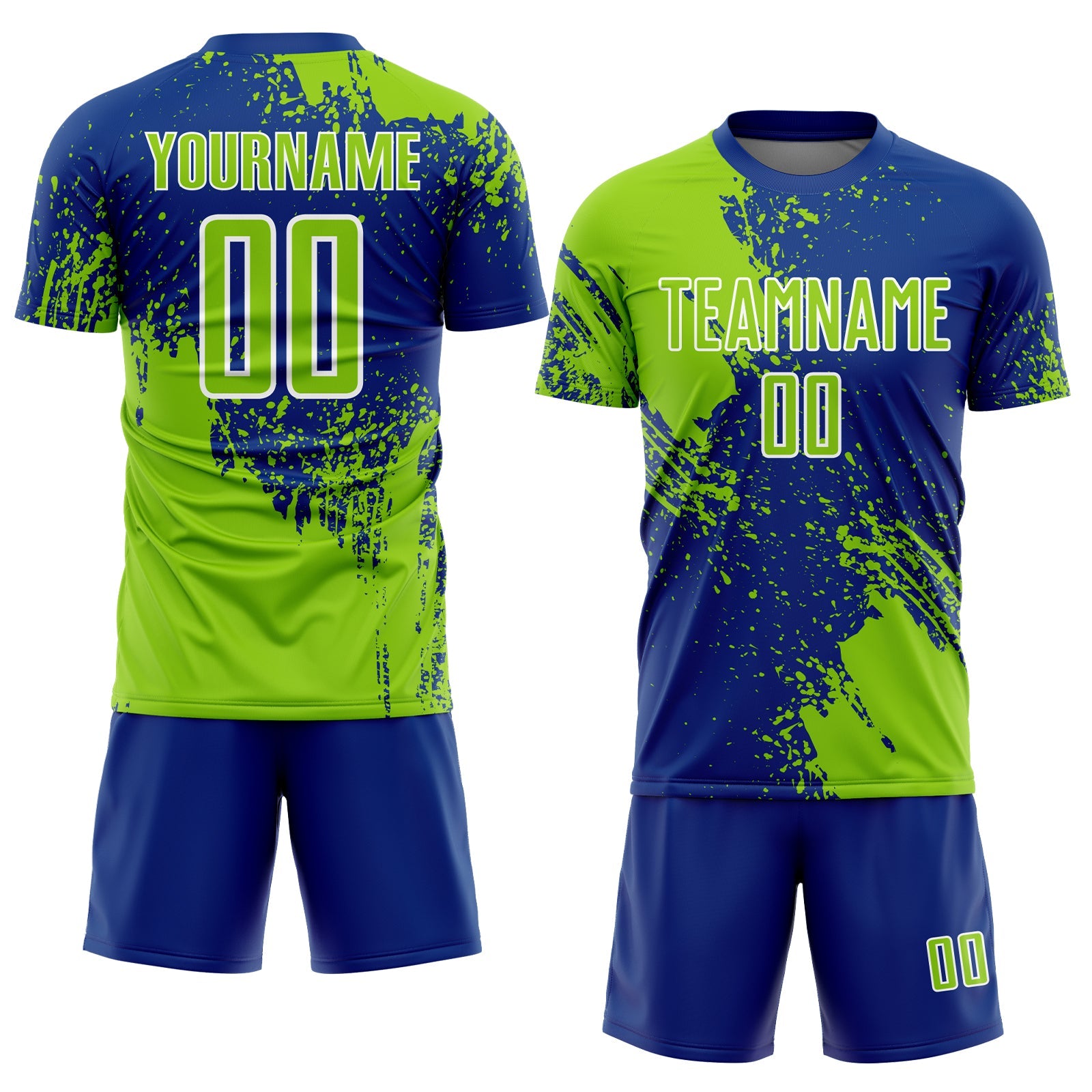 Custom Royal Neon Green-White Abstract Brush Stroke Sports Sublimation Soccer Uniform Jersey view 2