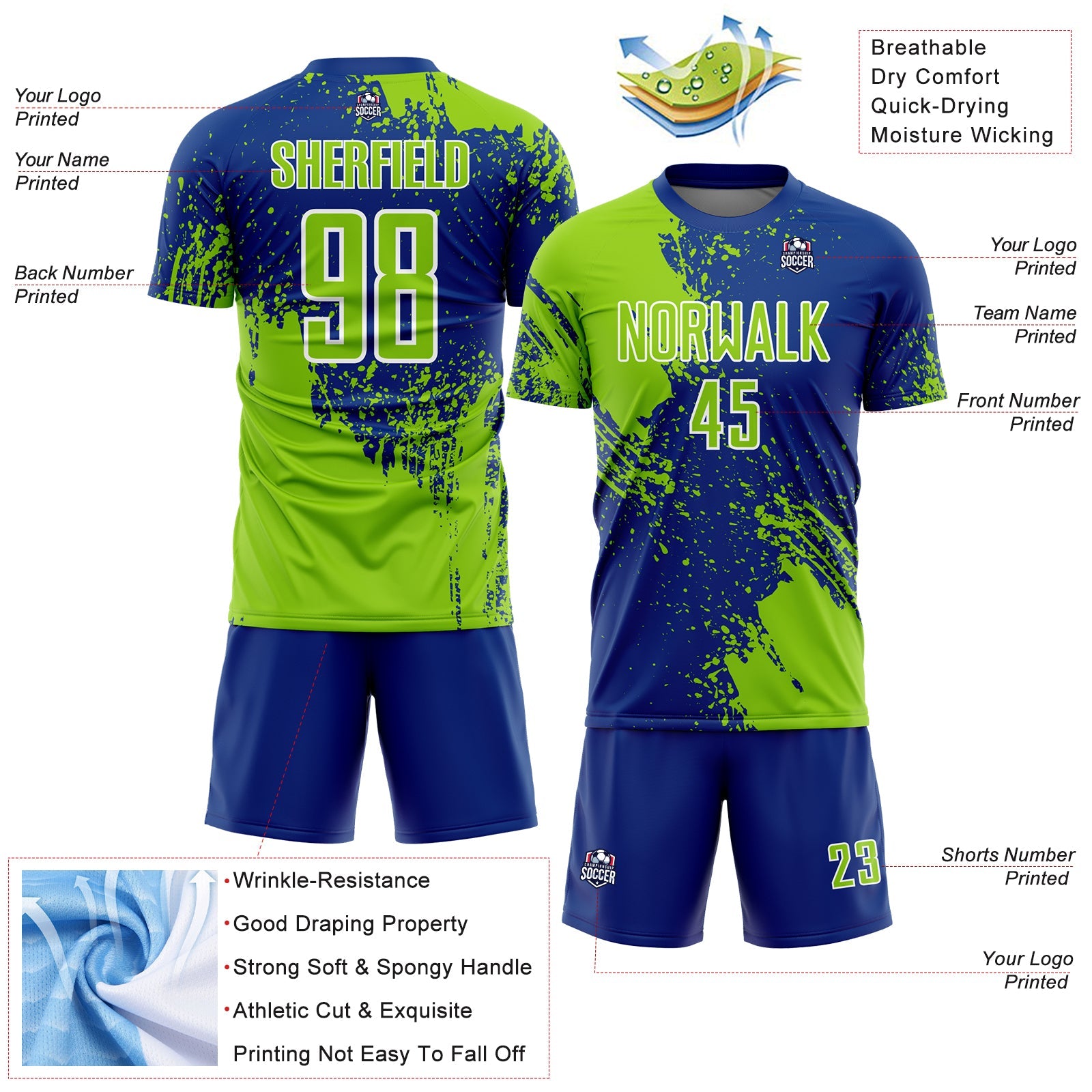 Custom Royal Neon Green-White Abstract Brush Stroke Sports Sublimation Soccer Uniform Jersey view 4