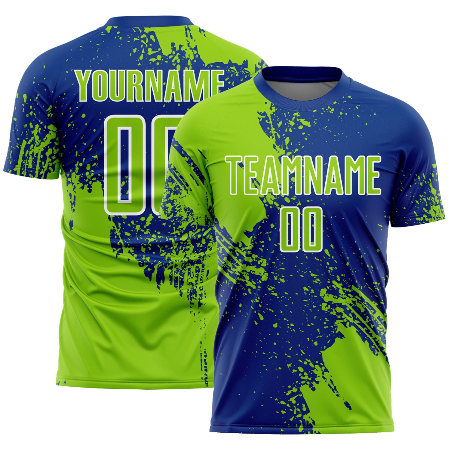 Custom Royal Neon Green-White Abstract Brush Stroke Sports Sublimation Soccer Uniform Jersey - Main View