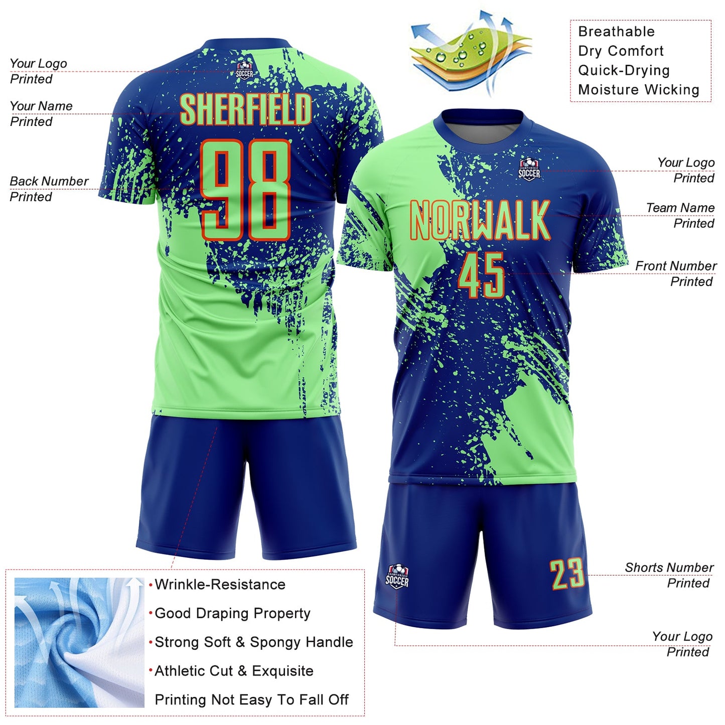 Custom Royal Pea Green-Orange Abstract Brush Stroke Sports Sublimation Soccer Uniform Jersey view 4