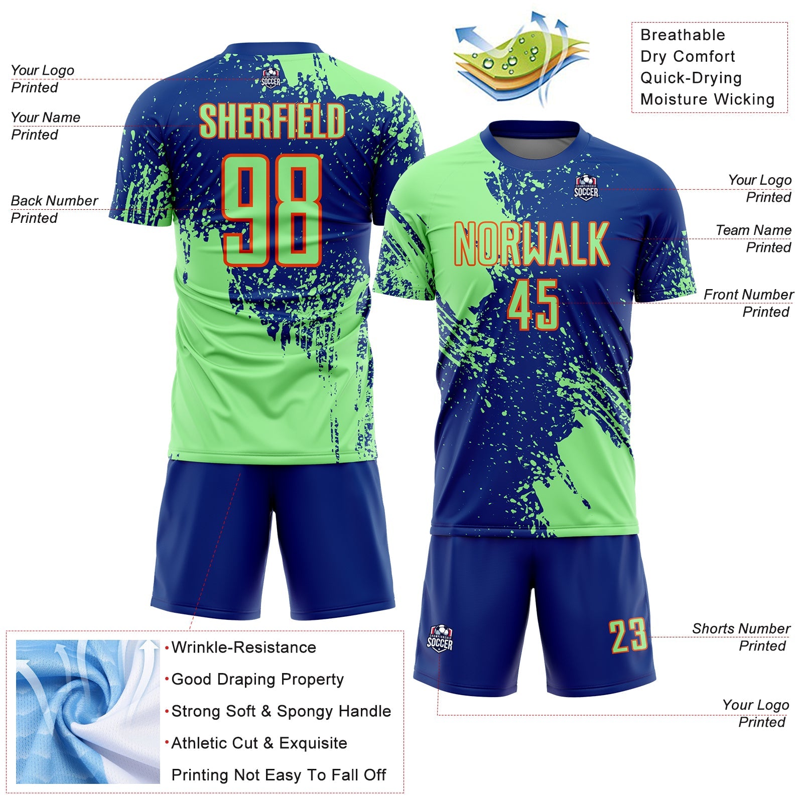 Custom Royal Pea Green-Orange Abstract Brush Stroke Sports Sublimation Soccer Uniform Jersey view 4