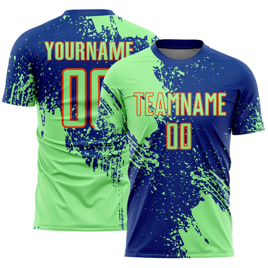 Custom Royal Pea Green-Orange Abstract Brush Stroke Sports Sublimation Soccer Uniform Jersey - Main View