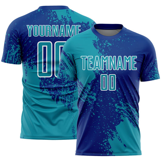Custom Royal Teal-White Abstract Brush Stroke Sports Sublimation Soccer Uniform Jersey - Main View