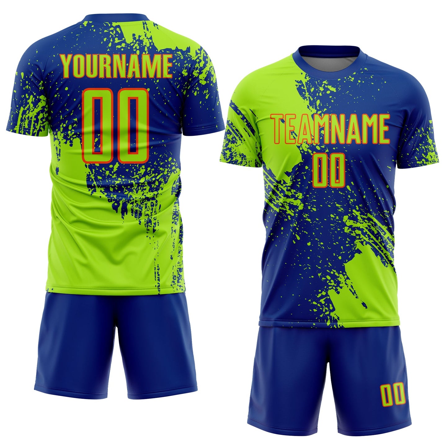 Custom Royal Neon Green-Orange Abstract Brush Stroke Sports Sublimation Soccer Uniform Jersey view 2