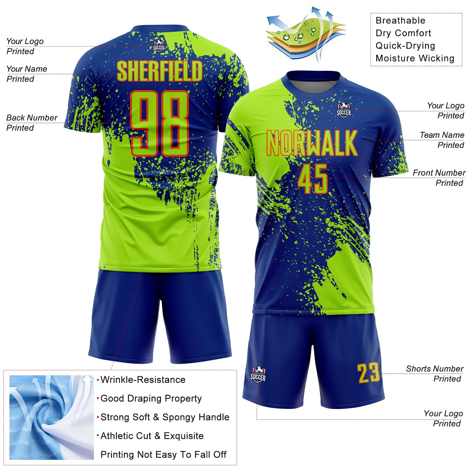 Custom Royal Neon Green-Orange Abstract Brush Stroke Sports Sublimation Soccer Uniform Jersey view 4
