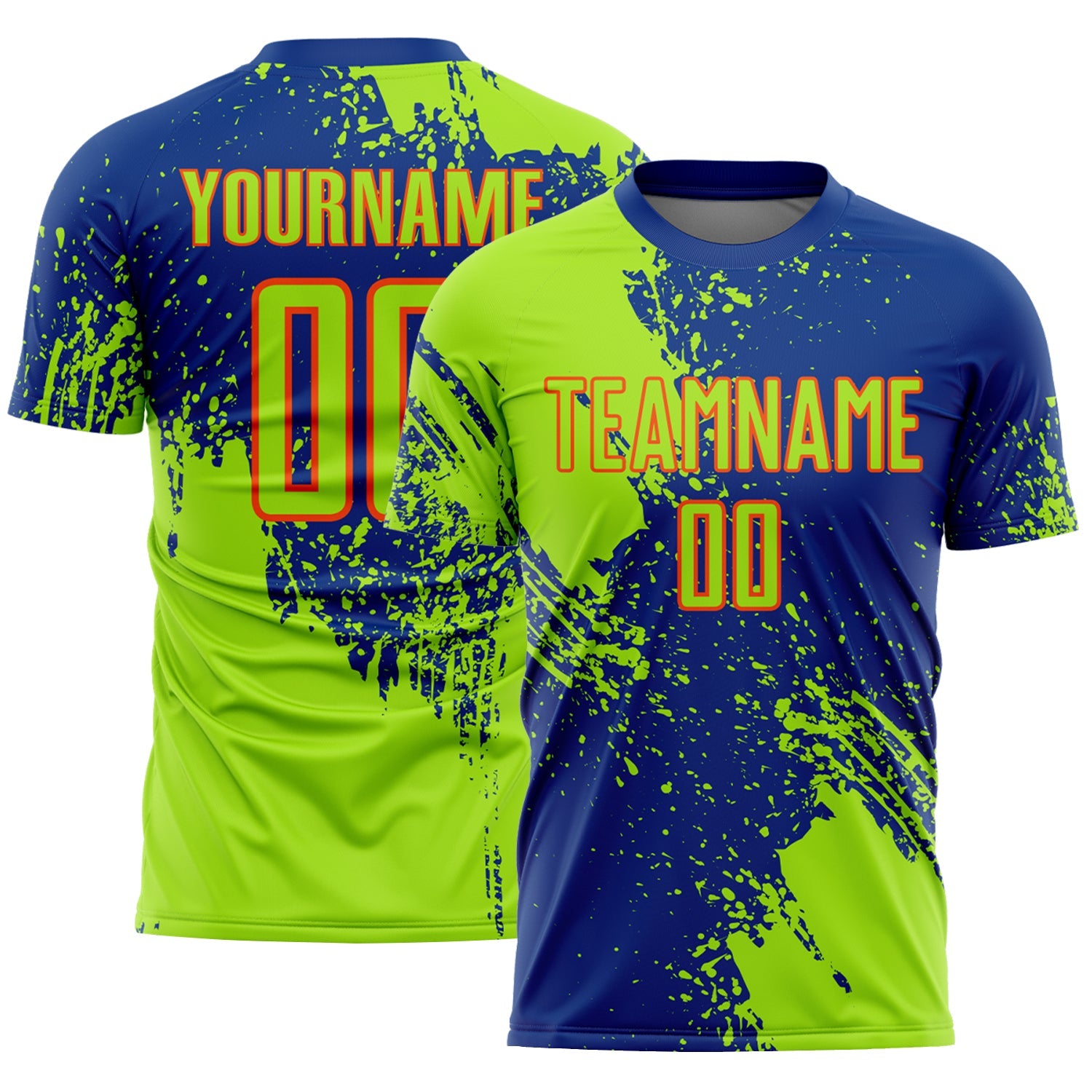 Custom Royal Neon Green-Orange Abstract Brush Stroke Sports Sublimation Soccer Uniform Jersey - Main View