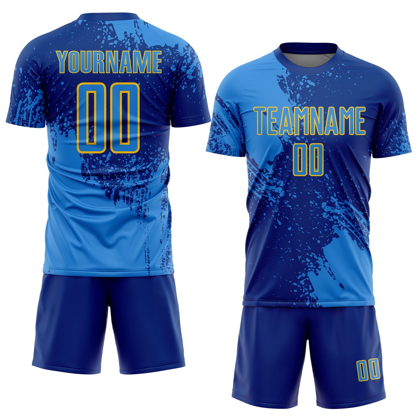 Custom Royal Powder Blue-Yellow Abstract Brush Stroke Sports Sublimation Soccer Uniform Jersey view 2