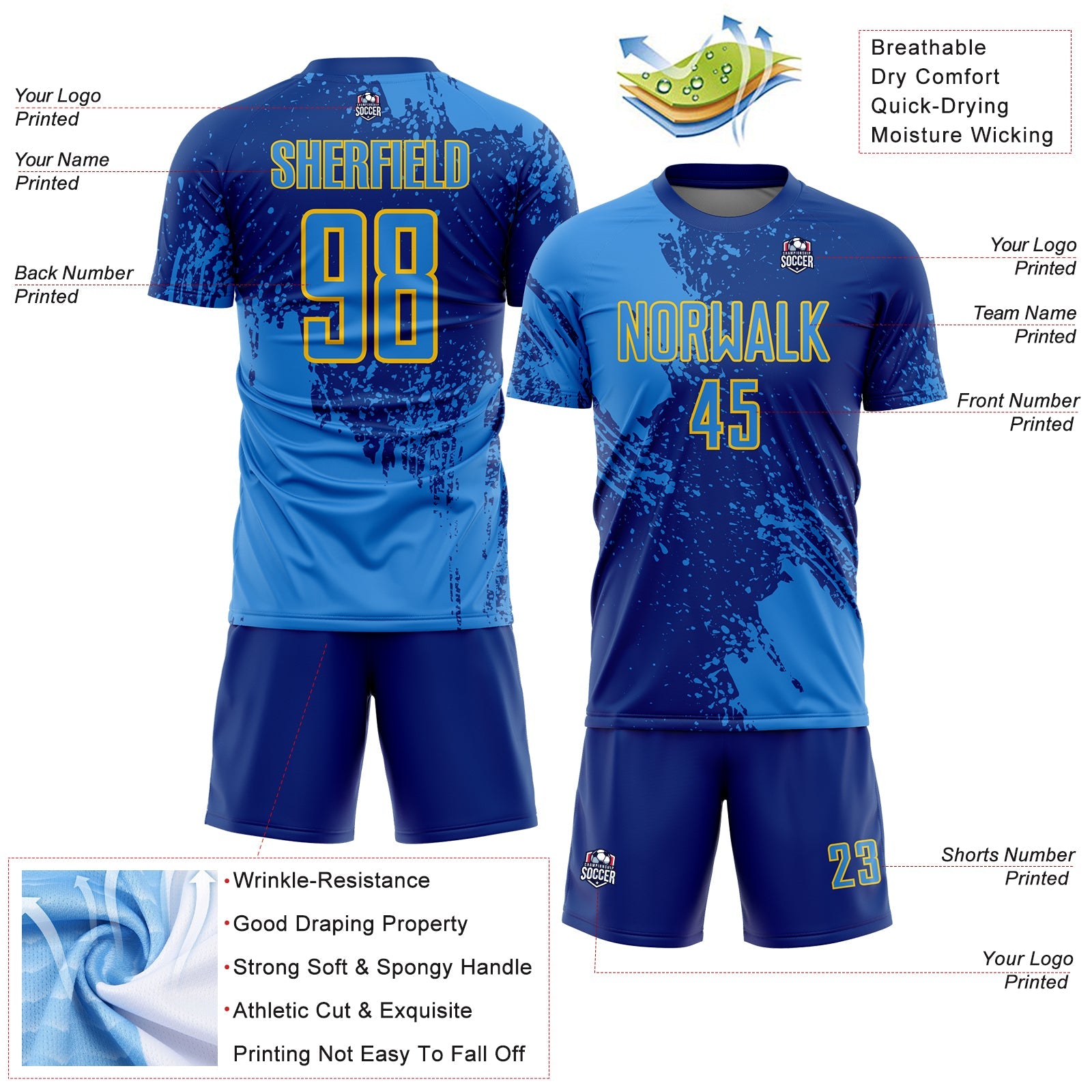 Custom Royal Powder Blue-Yellow Abstract Brush Stroke Sports Sublimation Soccer Uniform Jersey view 4