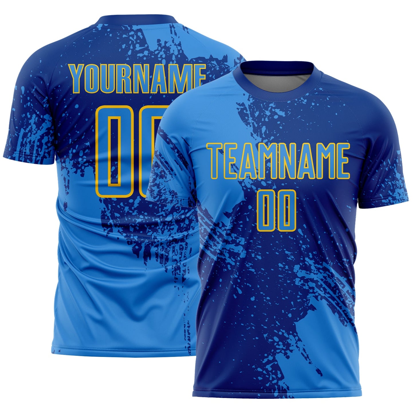 Custom Royal Powder Blue-Yellow Abstract Brush Stroke Sports Sublimation Soccer Uniform Jersey - Main View