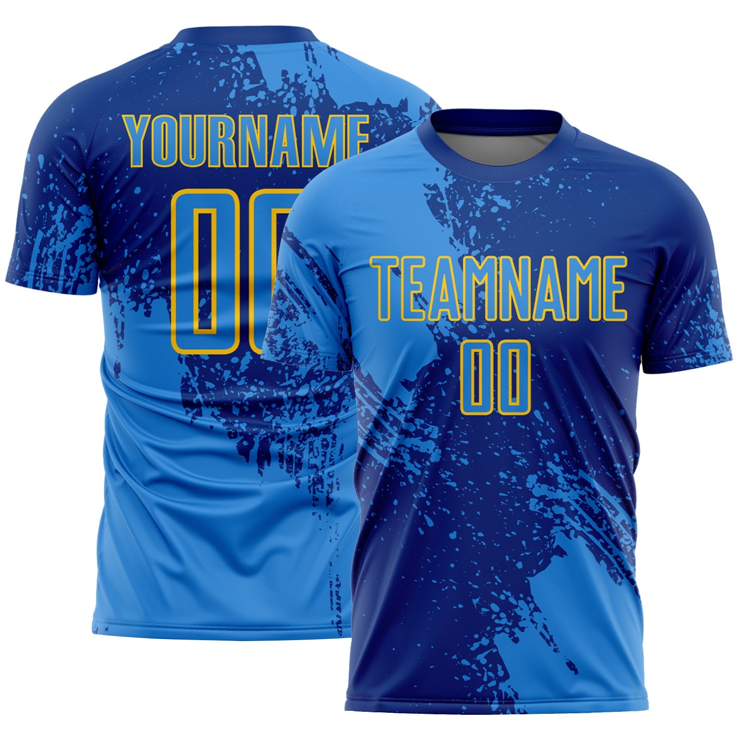 Custom Royal Powder Blue-Yellow Abstract Brush Stroke Sports Sublimation Soccer Uniform Jersey - Main View