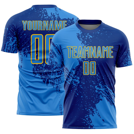 Custom Royal Powder Blue-Yellow Abstract Brush Stroke Sports Sublimation Soccer Uniform Jersey - Main View