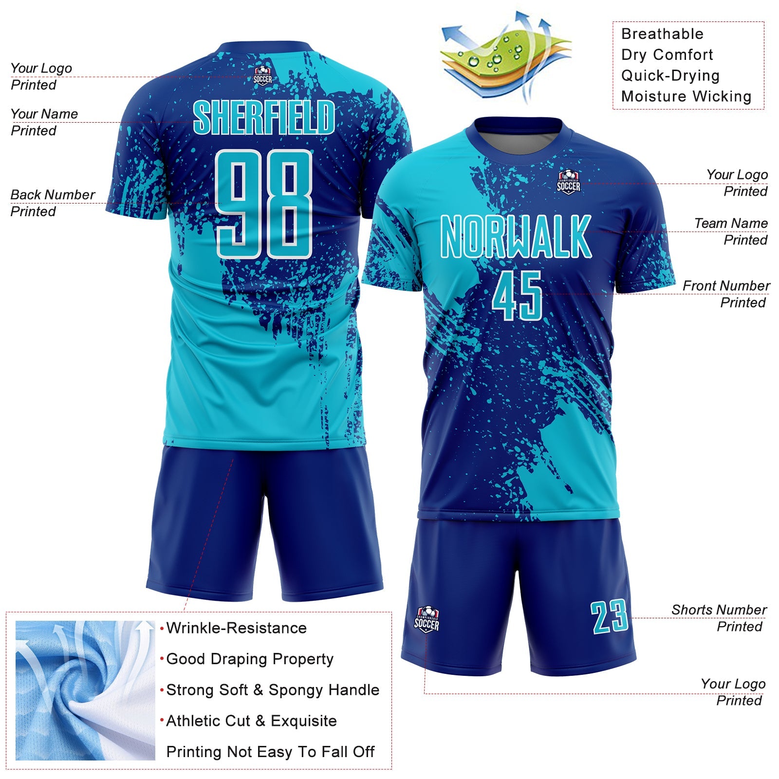 Custom Royal Lakes Blue-White Abstract Brush Stroke Sports Sublimation Soccer Uniform Jersey view 4
