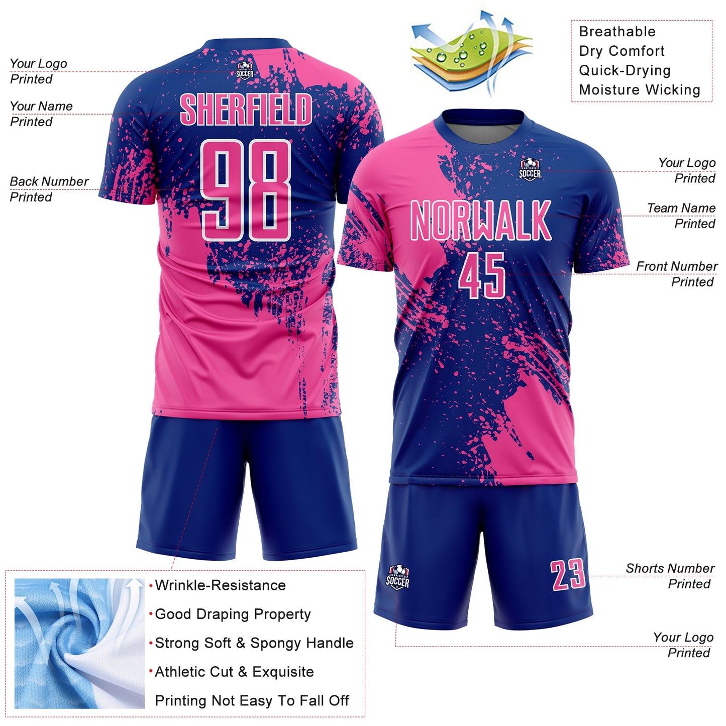 Custom Royal Pink-White Abstract Brush Stroke Sports Sublimation Soccer Uniform Jersey view 4